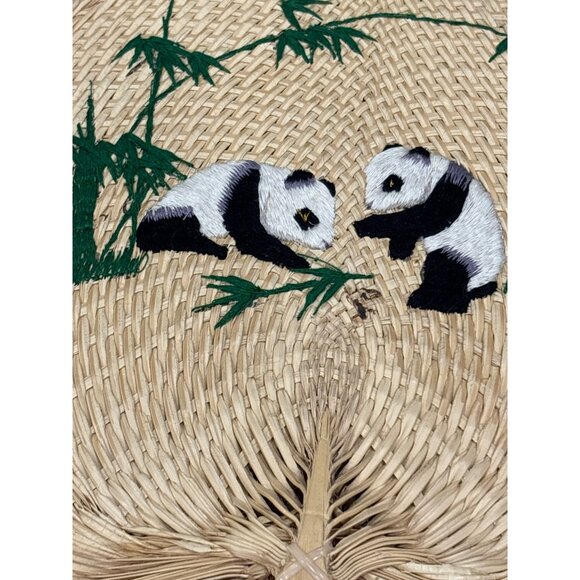 Handwoven Bamboo Fan With Embroidered Panda Design & Red Tassel - Picture 2 of 3